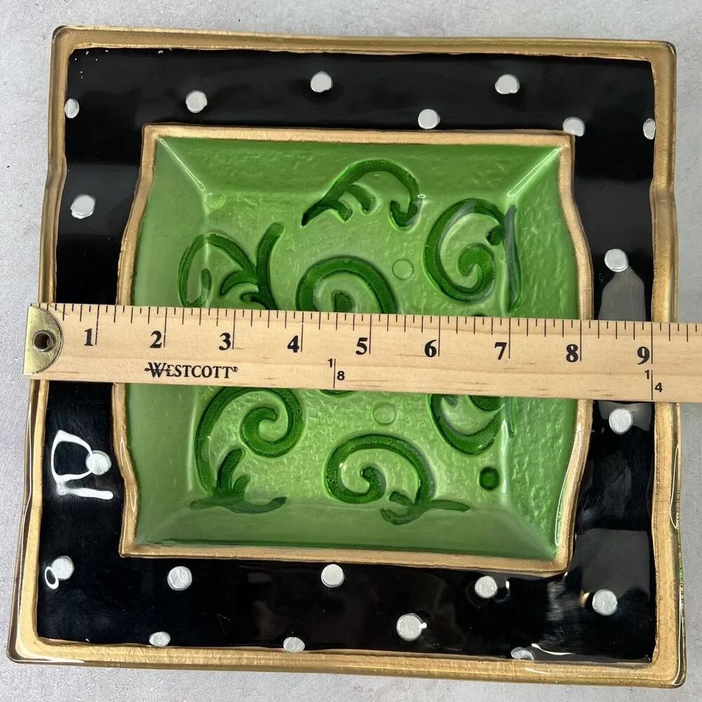 Vintage Art Glass Painted Black &‎ Green Polka Dot Decorative Bowl
